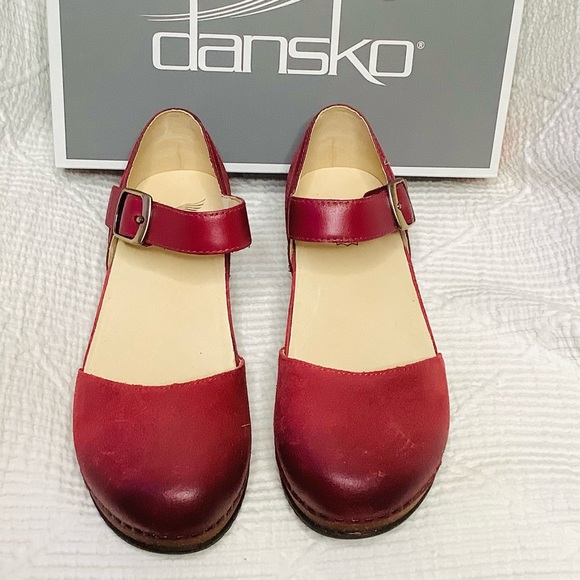 Dansko Shoes - Dansko Mae Red Leather Mary Jane Clogs Comfort Shoes Adjustable Buckle Strap